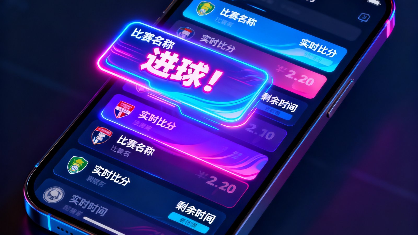 MK体育实时比分推送功能展示，手机屏幕上多条赛事比分卡片以霓虹色动态刷新，进球事件弹出醒目提示动画